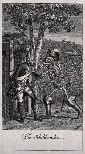 The dance of death: the sentinel. Etching by D.-N. Chodowiecki, 1791, after himself.