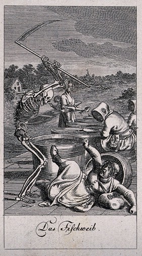 The dance of death: death and the fishwife. Etching by D.-N. Chodowiecki, 1791, after himself.