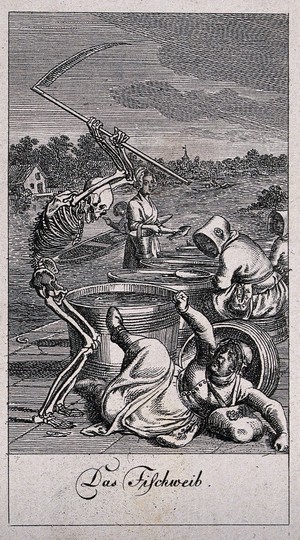 view The dance of death: death and the fishwife. Etching by D.-N. Chodowiecki, 1791, after himself.