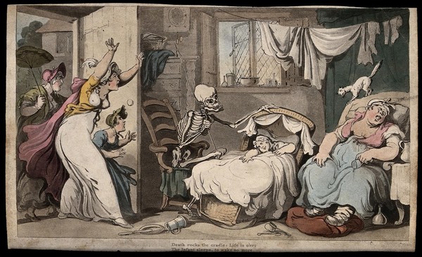 The dance of death: the nursery. Coloured aquatint after T. Rowlandson, 1816.