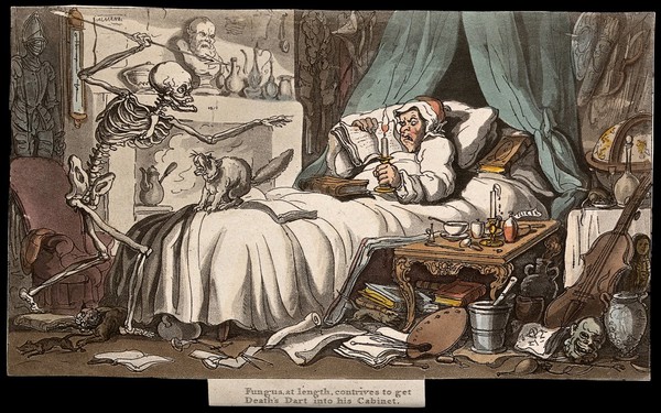 The dance of death: the antiquary's last will & testament. Coloured aquatint after T. Rowlandson, 1816.