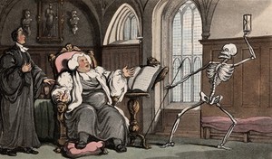 view The dance of death: the Bishop and Death. Coloured aquatint after T. Rowlandson, 1816.