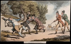 view The dance of death: the duel. Coloured aquatint after T. Rowlandson, 1816.