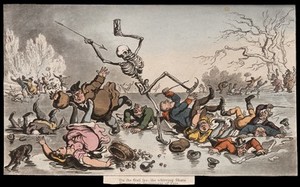 view The dance of death: skaters. Coloured aquatint after T. Rowlandson, 1816.