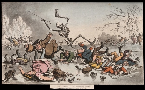 The dance of death: skaters. Coloured aquatint after T. Rowlandson, 1816.