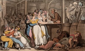 view The dance of death: the dram shop. Coloured aquatint after T. Rowlandson, 1816.
