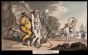 view The dance of death: the pantomime. Coloured aquatint after T. Rowlandson, 1816.