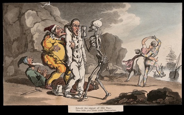 The dance of death: the pantomime. Coloured aquatint after T. Rowlandson, 1816.