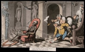 view The dance of death: the porter's chair. Coloured aquatint after T. Rowlandson, 1816.