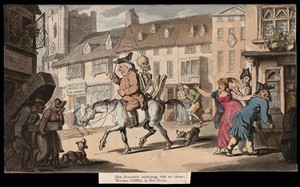 view The dance of death: the undertaker and the physician. Coloured aquatint after T. Rowlandson, 1816.