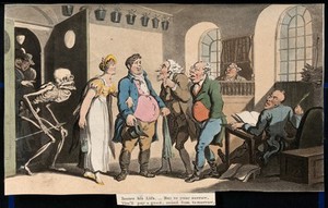 view The dance of death: the insurance office. Coloured aquatint after T. Rowlandson, 1816.