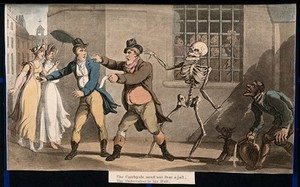 view The dance of death: the catchpole. Coloured aquatint after T. Rowlandson, 1816.