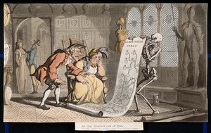 view The dance of death: the genealogist. Coloured aquatint after T. Rowlandson, 1816.