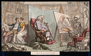 view The dance of death: death and the portrait. Coloured aquatint after T. Rowlandson, 1816.