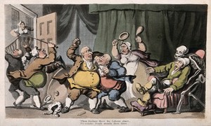 view The dance of death: the chamber war. Coloured aquatint after T. Rowlandson, 1816.