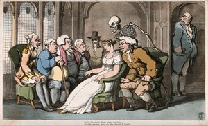 view The dance of death: the courtship. Coloured aquatint after T. Rowlandson, 1816.