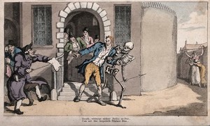 view The dance of death: the prisoner discharged. Coloured aquatint after T. Rowlandson, 1816.
