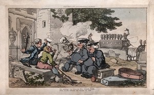 view The dance of death: the churchyard debate. Coloured aquatint after T. Rowlandson, 1816.