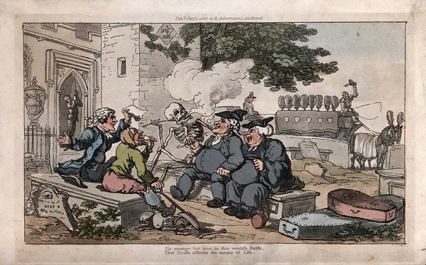 The dance of death: the churchyard debate. Coloured aquatint after T. Rowlandson, 1816.