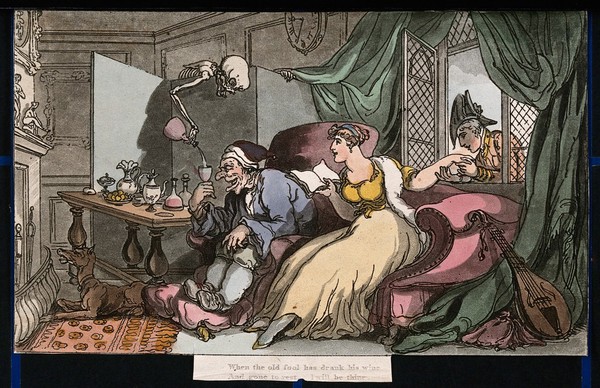 The dance of death: the honeymoon. Coloured aquatint after T. Rowlandson, 1816.