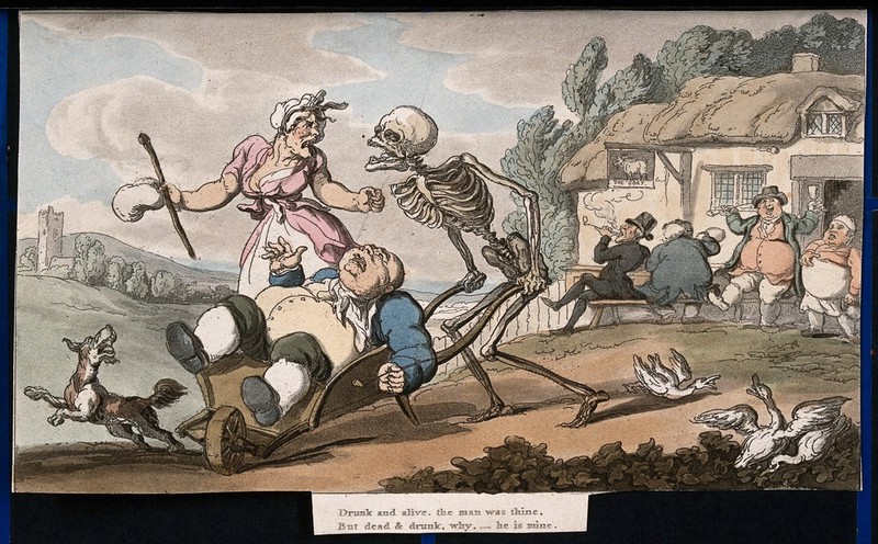 The dance of death: the sot. Coloured aquatint after T. Rowlandson