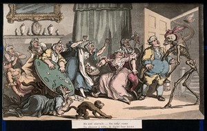 view The dance of death: the maiden ladies. Coloured aquatint after T. Rowlandson, 1816.
