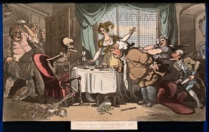 view The dance of death: the glutton. Coloured aquatint after T. Rowlandson, 1816.