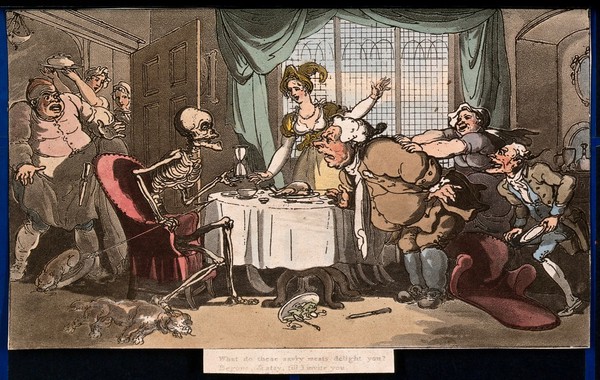 The dance of death: the glutton. Coloured aquatint after T. Rowlandson, 1816.