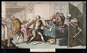 view The dance of death: the statesman. Coloured aquatint after T. Rowlandson, 1816.