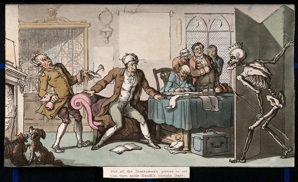 The dance of death: the statesman. Coloured aquatint after T. Rowlandson, 1816.