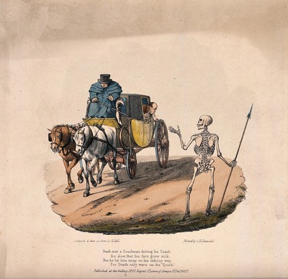 The dance of death: Death meets a coachman. Colour lithograph by Edward Hull, 18--.