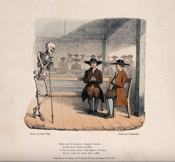 The dance of death: Death sees two quakers. Colour lithograph by Edward Hull, 18--.