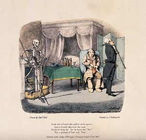 view The dance of death: Death sees a patient. Colour lithograph by Edward Hull, 18--.