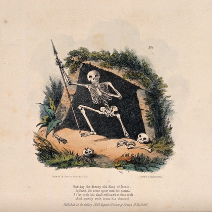 The dance of death: the dreary old king of Death. Colour lithograph by Edward Hull, 18--.