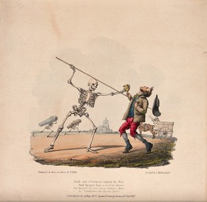 view The dance of death: Death sees a dustman. Colour lithograph by Edward Hull, 18--.