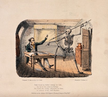 The dance of death: Death finds an author writing his life. Colour lithograph by Edward Hull, 18--.