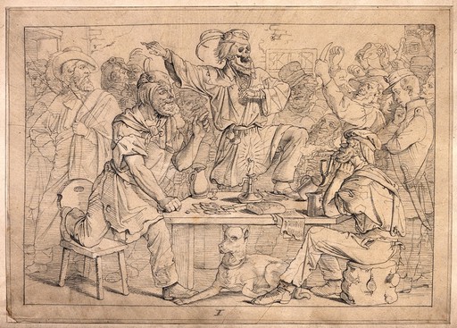 The dance of death: Death appears to the people in the inn and instigates them, the proletariat, to clear the throne to make way for communism. Drawing.