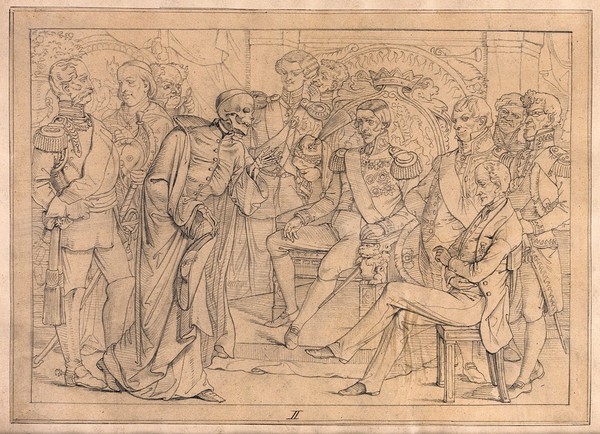 The dance of death: Death as a cardinal in the Roman Catholic church approaches a prince and encourages him to change his gentle reign to despotism. Drawing by or after E. Ille.