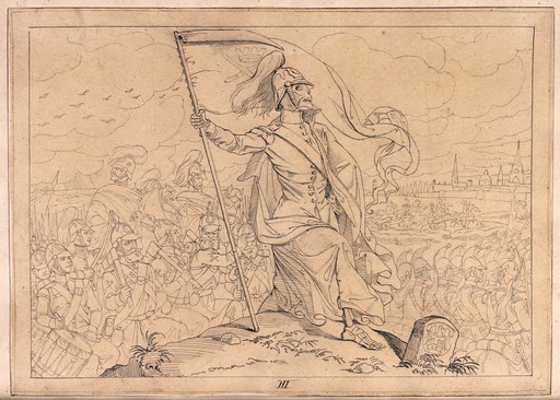 The dance of death: Death, equipped with his scythe, is seen leading troops against their own fatherland. Drawing.