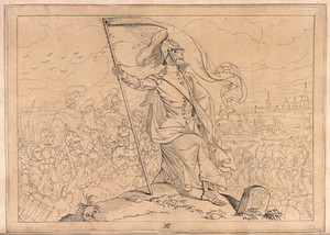 view The dance of death: Death as a standard-bearer, flying the standard from his scythe, is seen leading troops against their fatherland. Drawing by or after E. Ille.