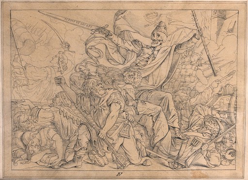 The dance of death: the invasion of the troops with Death holding his banner. Drawing.