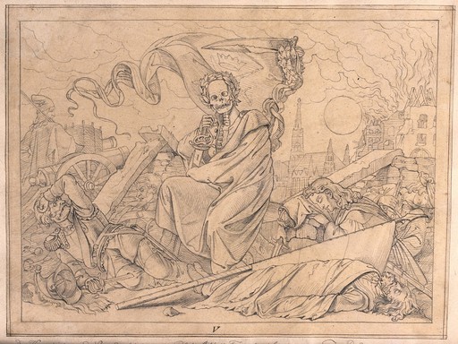 The dance of death: the fight is over and death is seen seated, enthroned on ruins composed of rubble and the dead. Drawing.