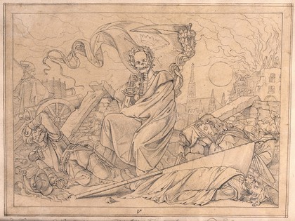 The dance of death: the fight is over and Death is seen seated, enthroned on ruins composed of rubble and the dead. Drawing by or after E. Ille.