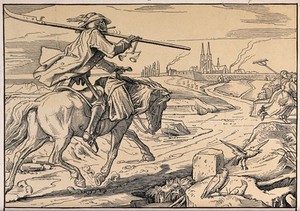 view The dance of death: Death on horseback approaches the city. Woodcut after Alfred Rethel, 1848.