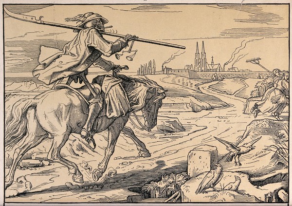 The dance of death: Death on horseback approaches the city. Woodcut after Alfred Rethel, 1848.