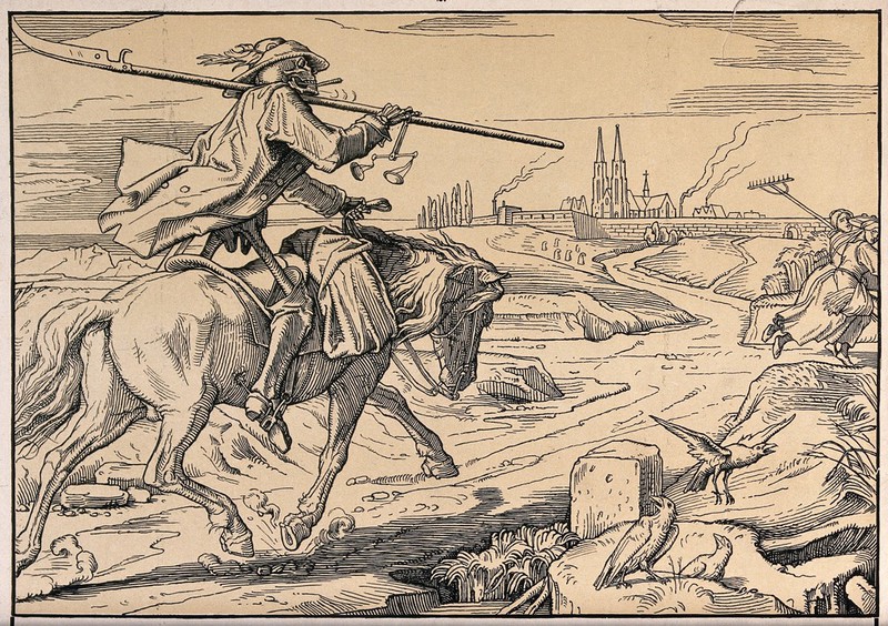 The dance of death: Death on horseback approaches the city. Woodcut after Alfred Rethel, 1848., 1848, by Alfred Rethel
