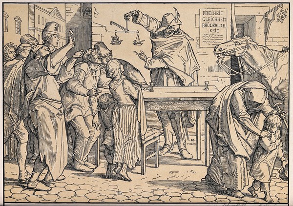 The dance of death: Death entertains a crowd in front of a tavern by showing that a crown weighs as much or as little as a pipe. Woodcut by Schmidt after Alfred Rethel, 1848.