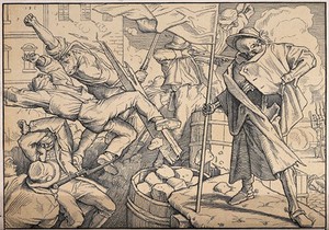 view The dance of death: Death, seen on top of a barricade, reveals his true identity to the people. Woodcut after Alfred Rethel, 1848.