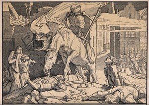 view The dance of death: Death, seen riding his horse, leaves the city as the hero who equalised those who followed him blindly. Woodcut by Gaber after Alfred Rethel, 1848.