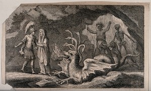 view The Cumaean Sibyl leads Aeneas to the underworld: they encounter Cerberus. Etching.